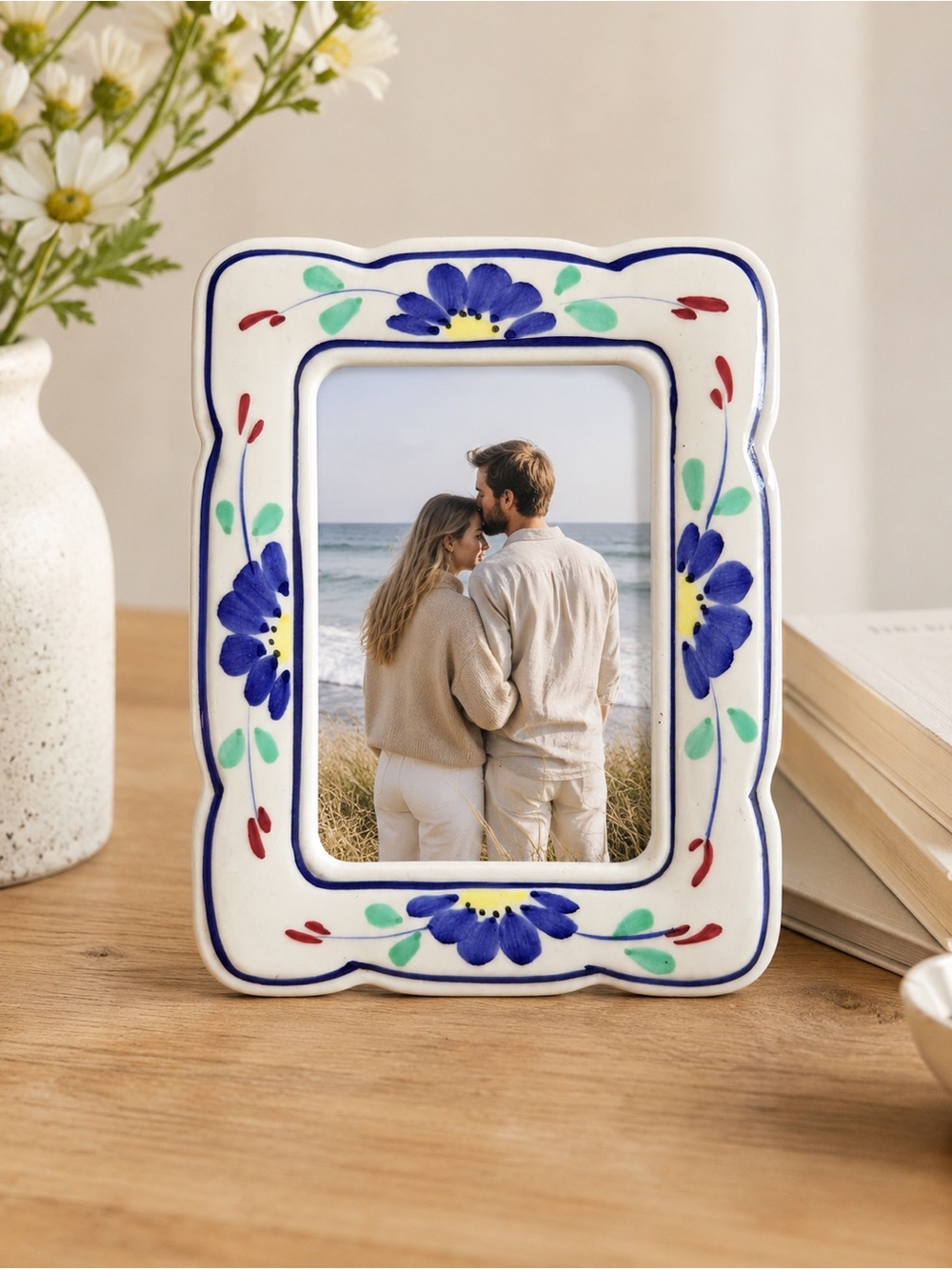 Vintage White Ceramic Picture Frame with Blue Floral Accents cottagecore Taiwan
